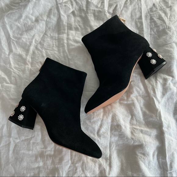 Nanette Lepore Shoes - Nanette Lepore Rose Black Suede Pearl Embellished Heel  Booties Size 9